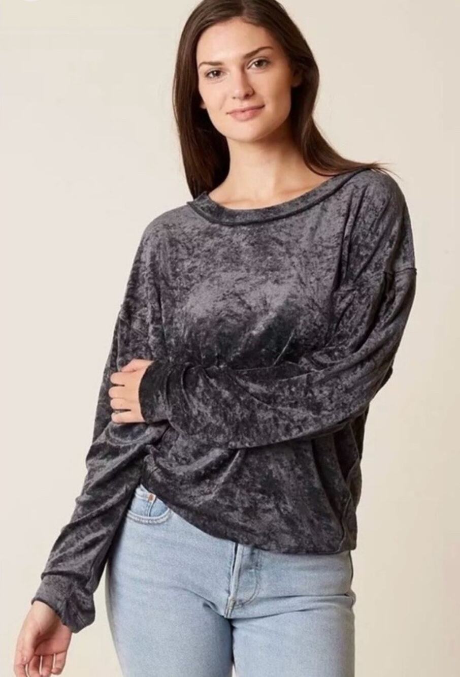 We The Free People Milan Crushed Velvet Long Sleeve Top XS Gray New